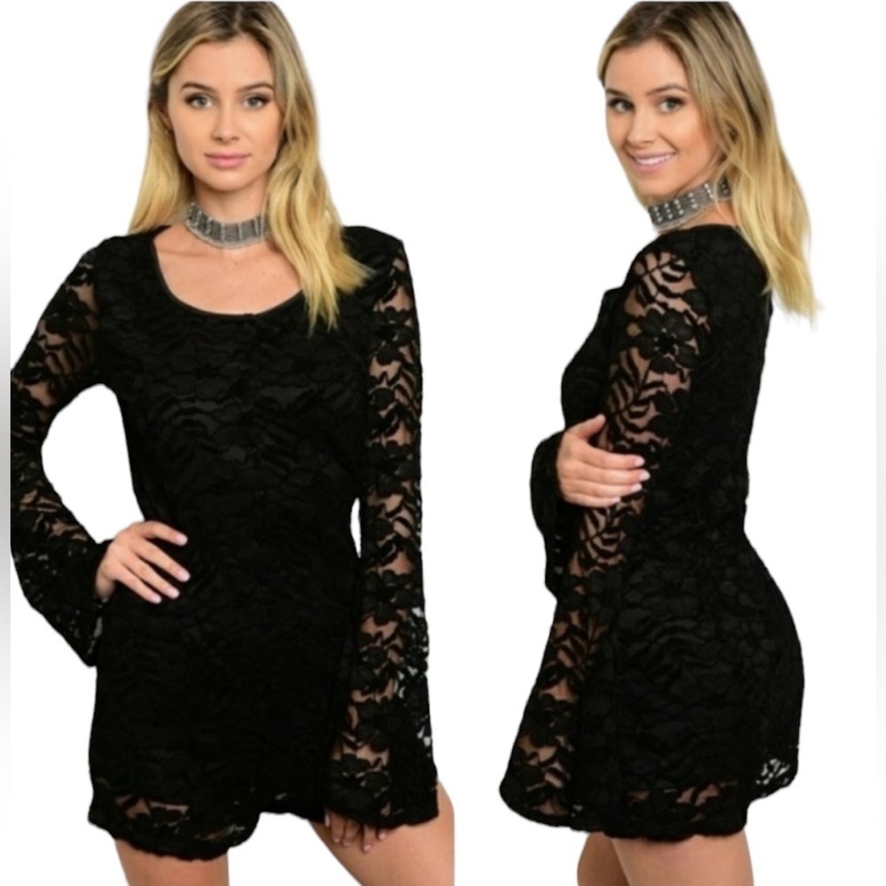 NWT ON TWELFTH Black Lace Button Up Long Bell Sleeves Romper Size S